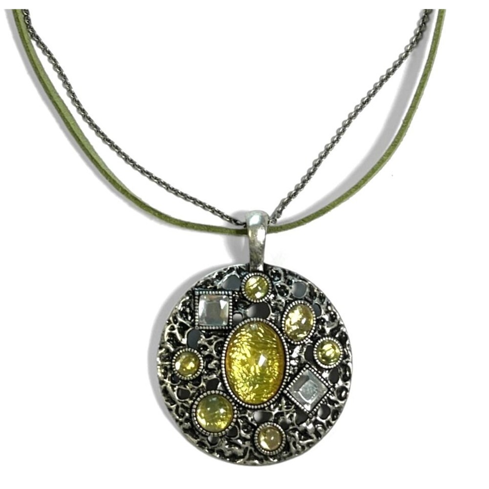 Lia Sophia Pendant Necklace Yellow Cabochon Silvertone Chain Green Leather Cord